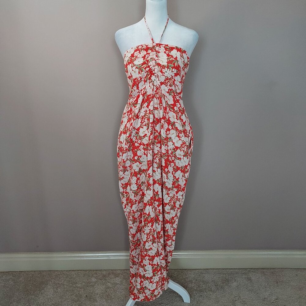American Eagle Outfitters Red Floral Strapless Jumpsuit